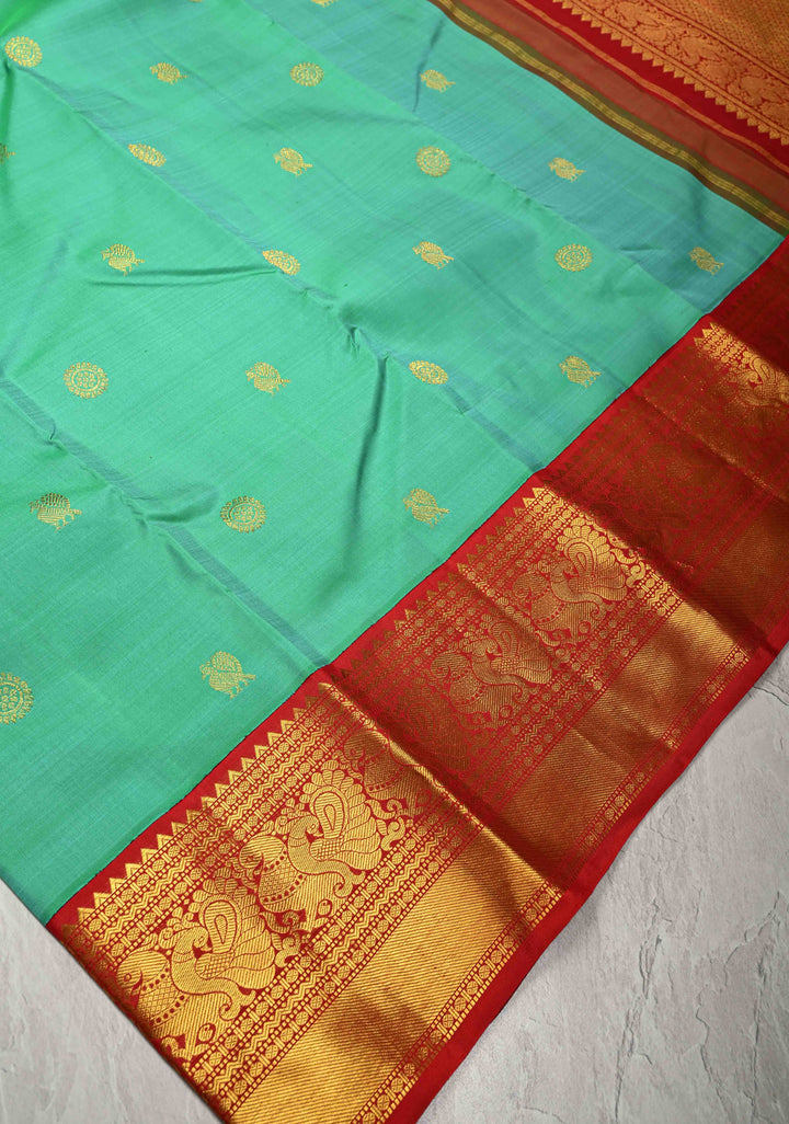 Sea Green Korvai Kanjivaram Pure Silk Saree with Zari Buttas and Contrast Zari Border | SILK MARK CERTIFIED