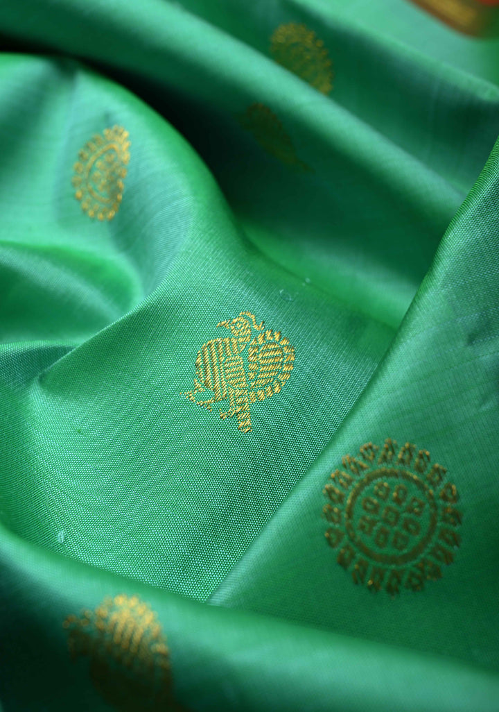 Sea Green Korvai Kanjivaram Pure Silk Saree with Zari Buttas and Contrast Zari Border | SILK MARK CERTIFIED
