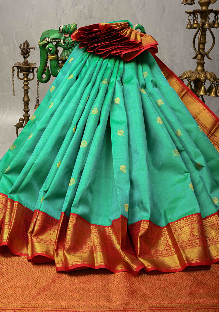 Sea Green Korvai Kanjivaram Pure Silk Saree with Zari Buttas and Contrast Zari Border | SILK MARK CERTIFIED