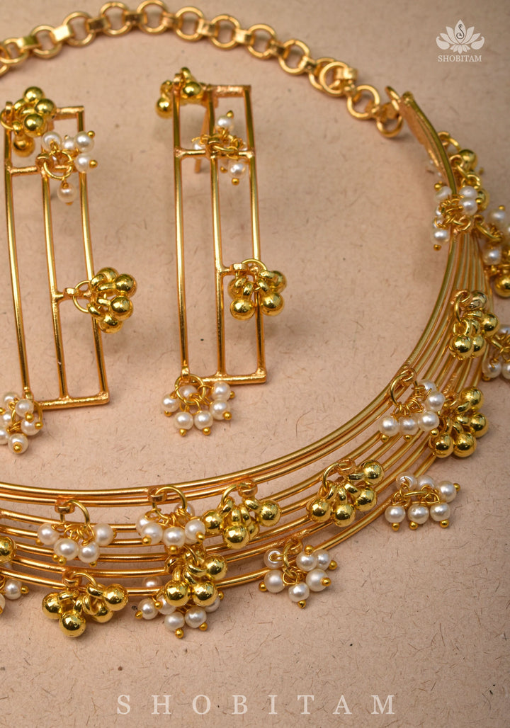 Statement Multi-wire design Neckpiece and earrings set with Dangling Beads | Shobitam Jewelry