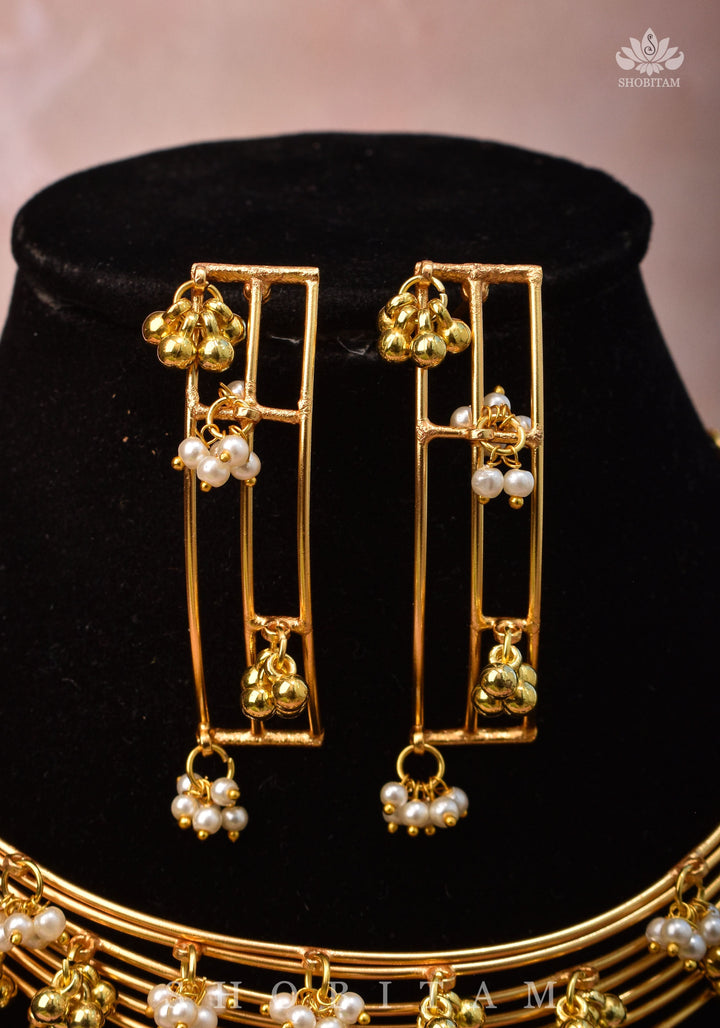 Statement Multi-wire design Neckpiece and earrings set with Dangling Beads | Shobitam Jewelry
