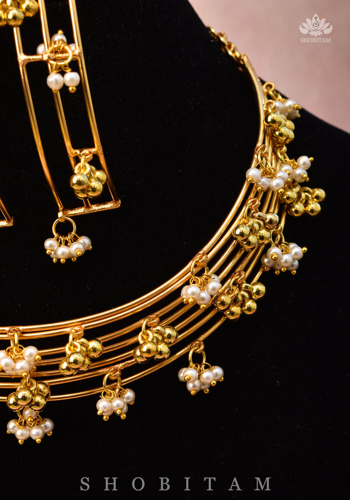 Statement Multi-wire design Neckpiece and earrings set with Dangling Beads | Shobitam Jewelry