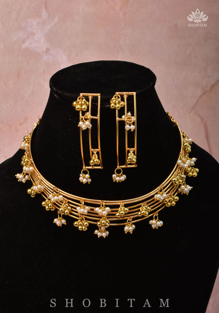 Statement Multi-wire design Neckpiece and earrings set with Dangling Beads | Shobitam Jewelry