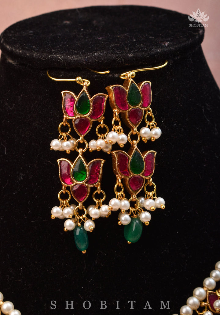 Lotus design Dense  Jadau Necklace Set with Green Dangling beads | Shobitam Jewelry