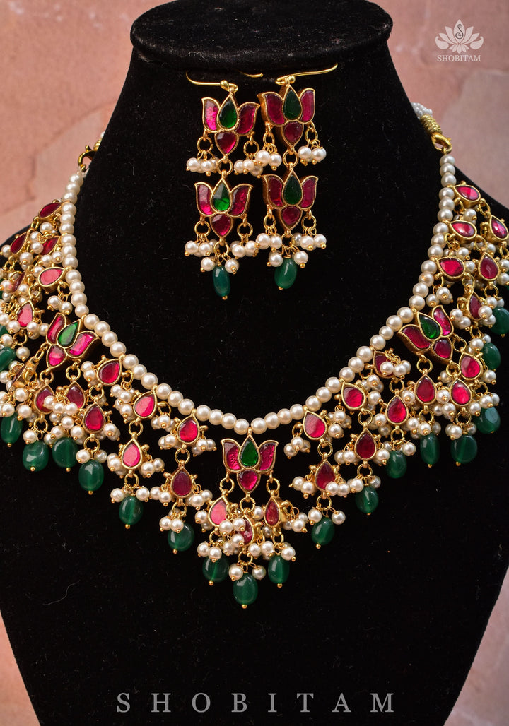 Lotus design Dense  Jadau Necklace Set with Green Dangling beads | Shobitam Jewelry