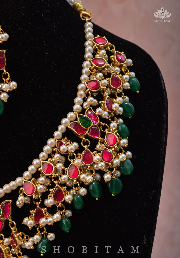 Lotus design Dense  Jadau Necklace Set with Green Dangling beads | Shobitam Jewelry