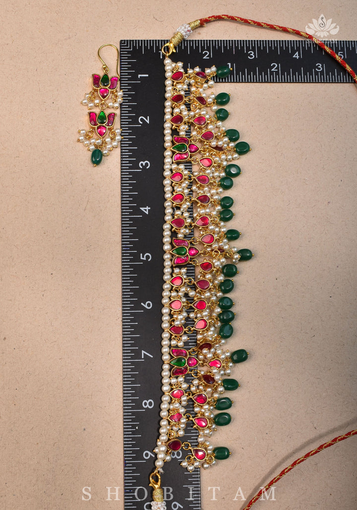 Lotus design Dense  Jadau Necklace Set with Green Dangling beads | Shobitam Jewelry