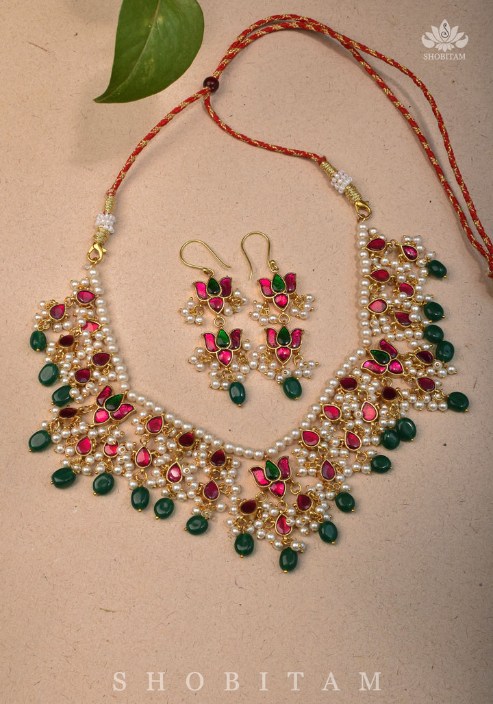Lotus design Dense  Jadau Necklace Set with Green Dangling beads | Shobitam Jewelry