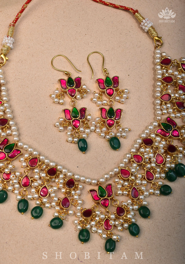 Lotus design Dense  Jadau Necklace Set with Green Dangling beads | Shobitam Jewelry