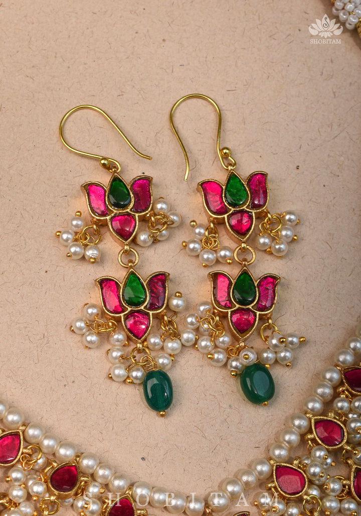Lotus design Dense  Jadau Necklace Set with Green Dangling beads | Shobitam Jewelry
