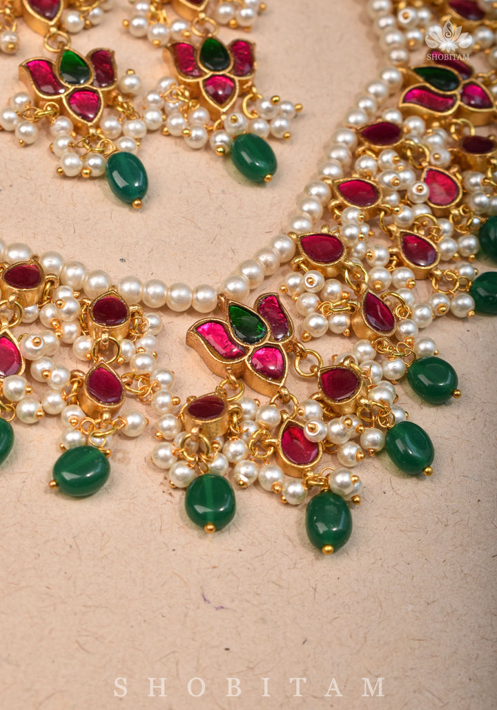 Lotus design Dense  Jadau Necklace Set with Green Dangling beads | Shobitam Jewelry