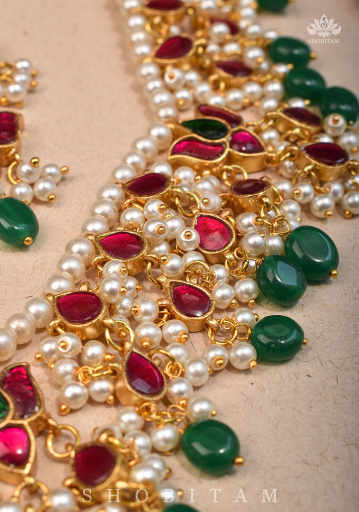 Lotus design Dense  Jadau Necklace Set with Green Dangling beads | Shobitam Jewelry