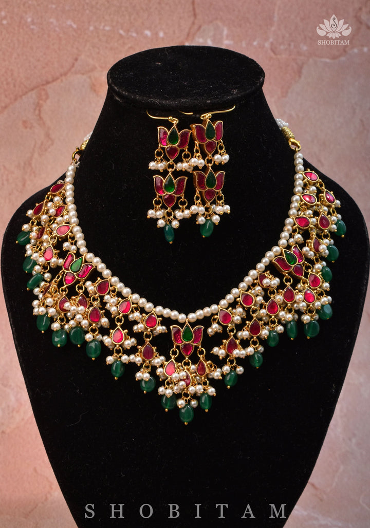 Lotus design Dense  Jadau Necklace Set with Green Dangling beads | Shobitam Jewelry