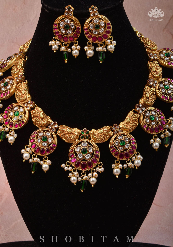 Temple Jewelry Jadau Necklace Set in Moon and Star designs with Gold Finish