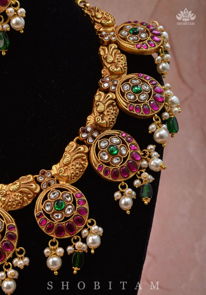 Temple Jewelry Jadau Necklace Set in Moon and Star designs with Gold Finish