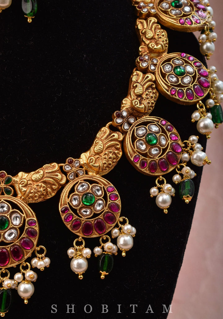 Temple Jewelry Jadau Necklace Set in Moon and Star designs with Gold Finish