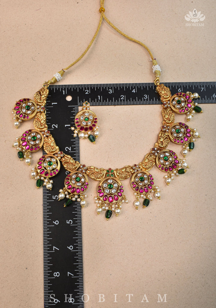 Temple Jewelry Jadau Necklace Set in Moon and Star designs with Gold Finish