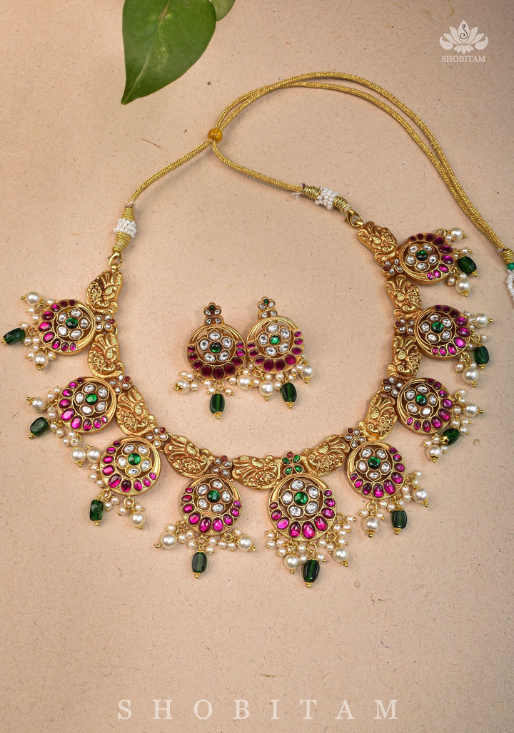 Temple Jewelry Jadau Necklace Set in Moon and Star designs with Gold Finish