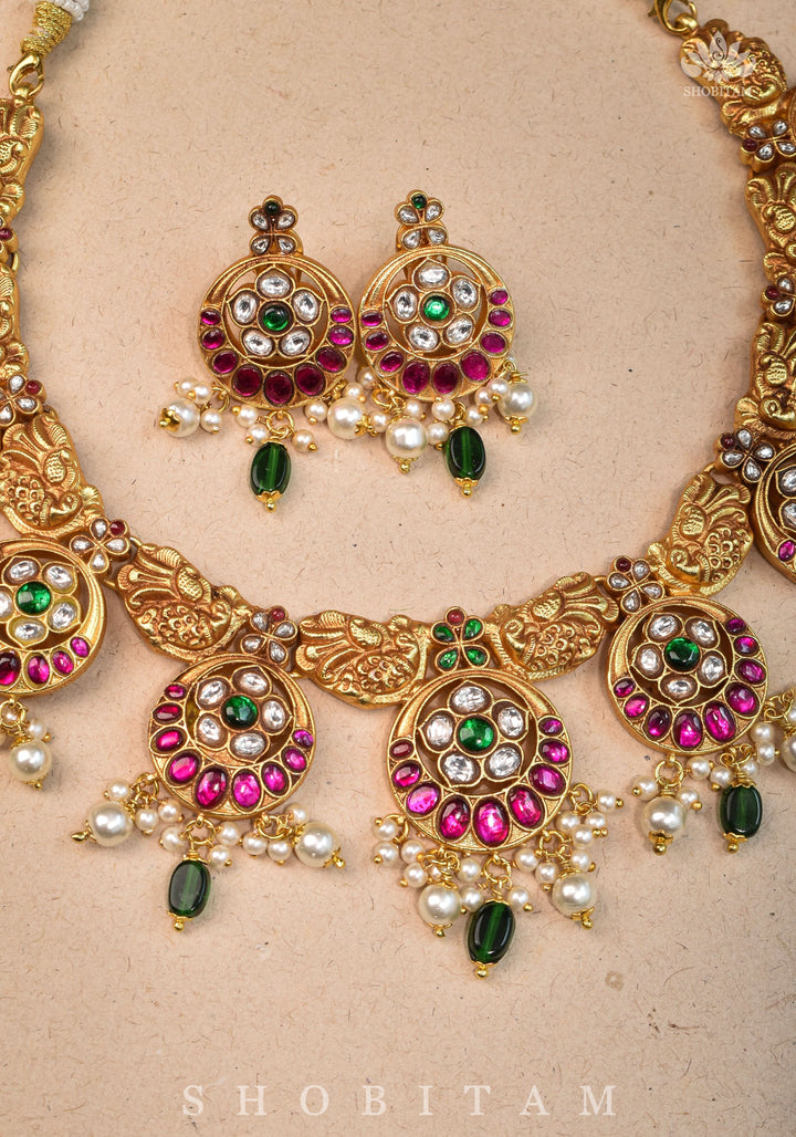 Temple Jewelry Jadau Necklace Set in Moon and Star designs with Gold Finish