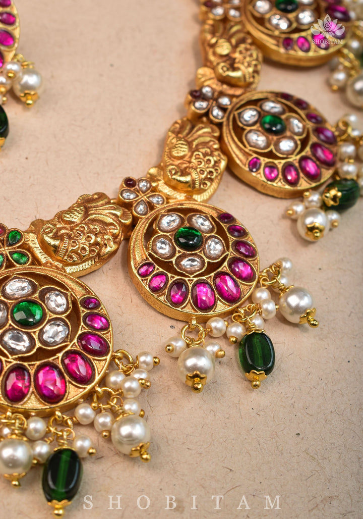 Temple Jewelry Jadau Necklace Set in Moon and Star designs with Gold Finish