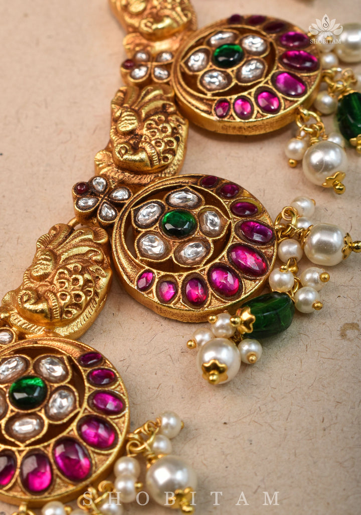 Temple Jewelry Jadau Necklace Set in Moon and Star designs with Gold Finish