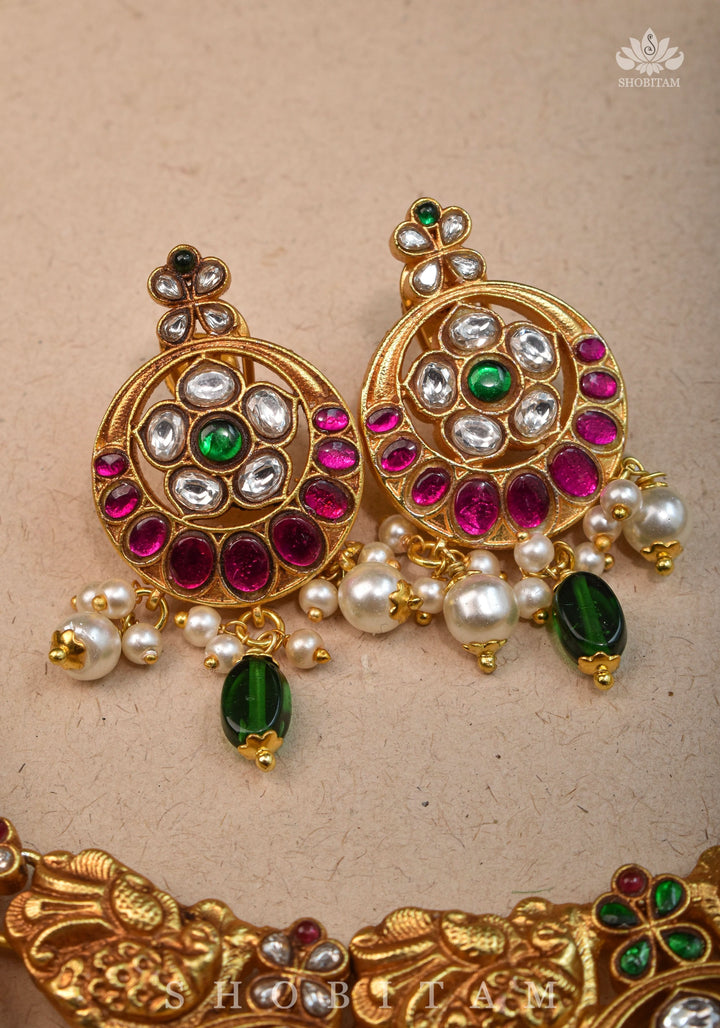 Temple Jewelry Jadau Necklace Set in Moon and Star designs with Gold Finish