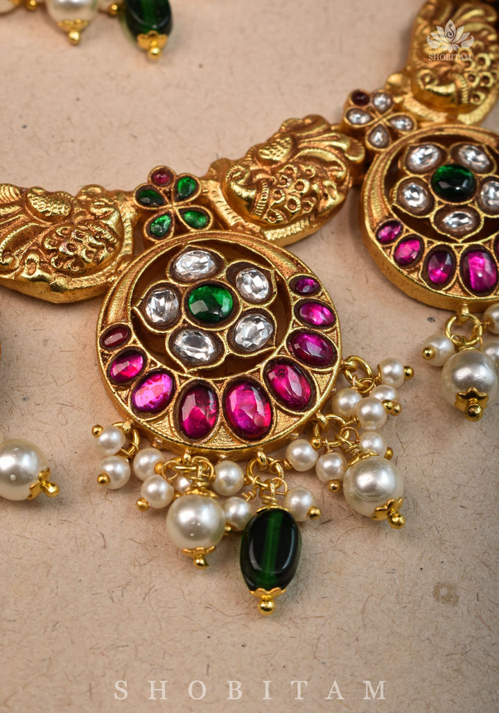 Temple Jewelry Jadau Necklace Set in Moon and Star designs with Gold Finish