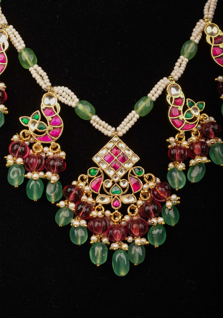 Multistrand beads Red and White stones Jadau Necklale Set with green dangling Beads | Shobitam Jewelry