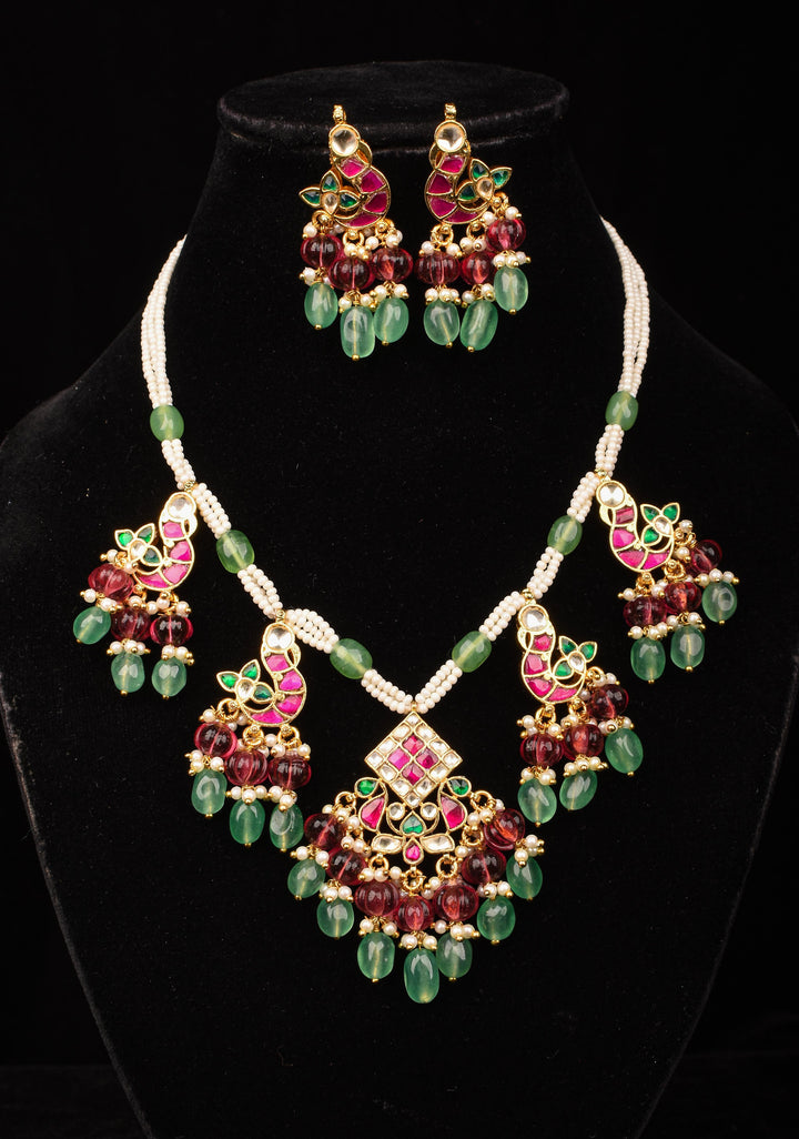Multistrand beads Red and White stones Jadau Necklale Set with green dangling Beads | Shobitam Jewelry
