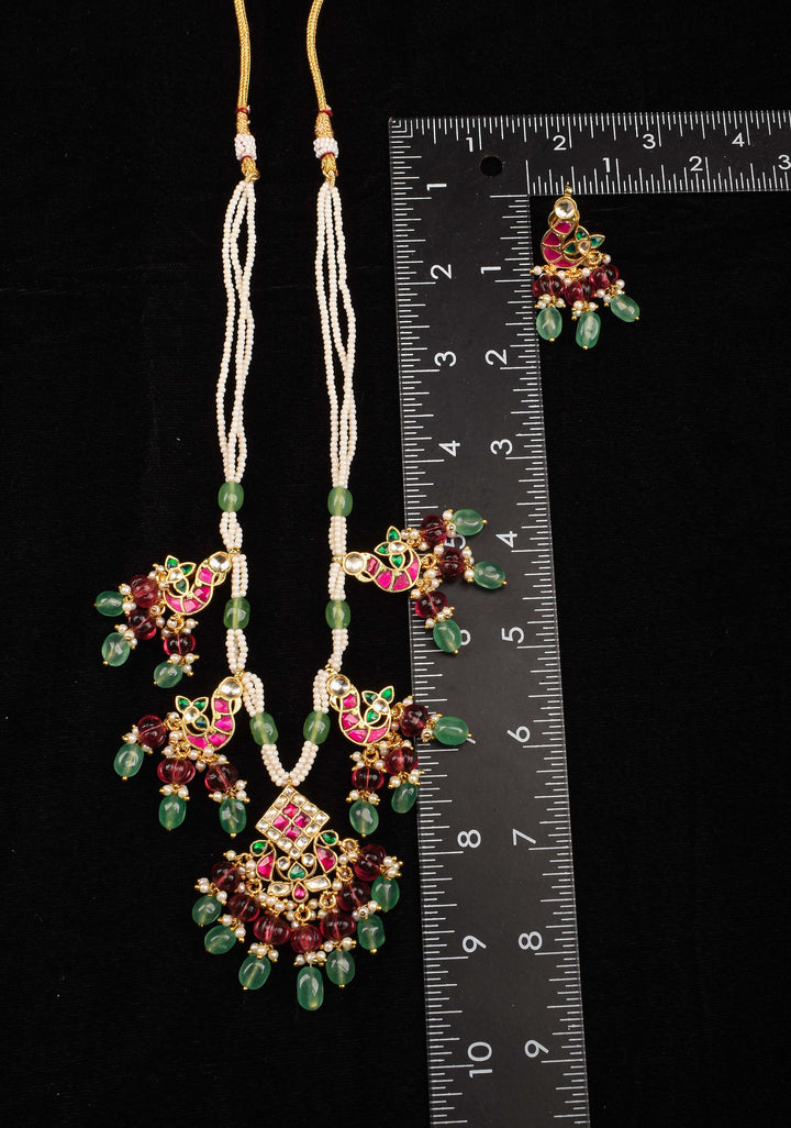 Multistrand beads Red and White stones Jadau Necklale Set with green dangling Beads | Shobitam Jewelry