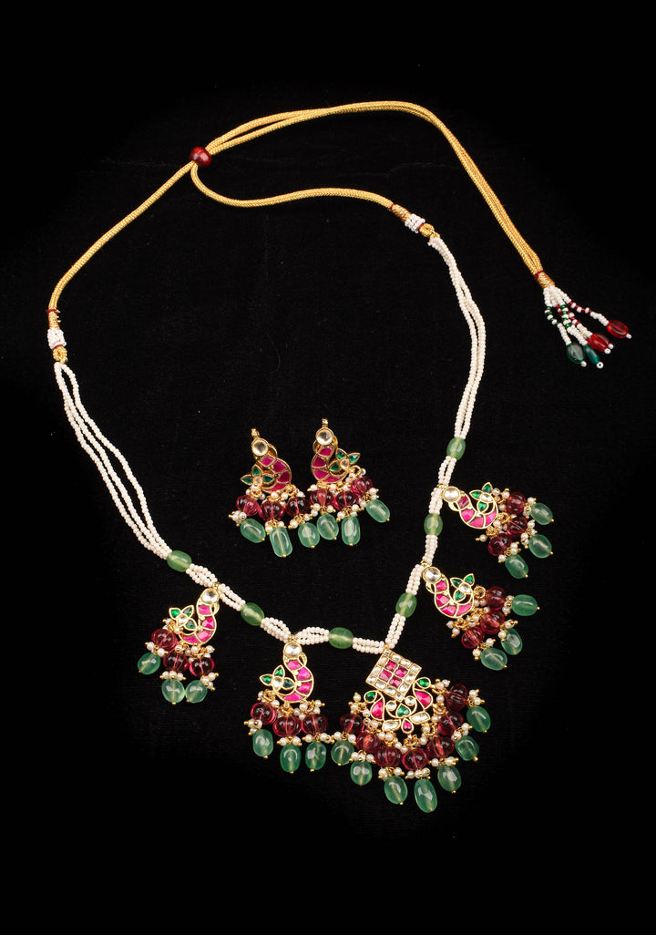 Multistrand beads Red and White stones Jadau Necklale Set with green dangling Beads | Shobitam Jewelry