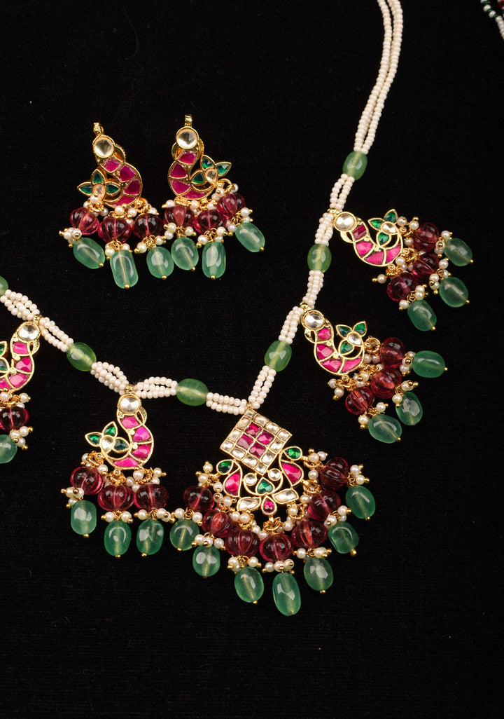 Multistrand beads Red and White stones Jadau Necklale Set with green dangling Beads | Shobitam Jewelry