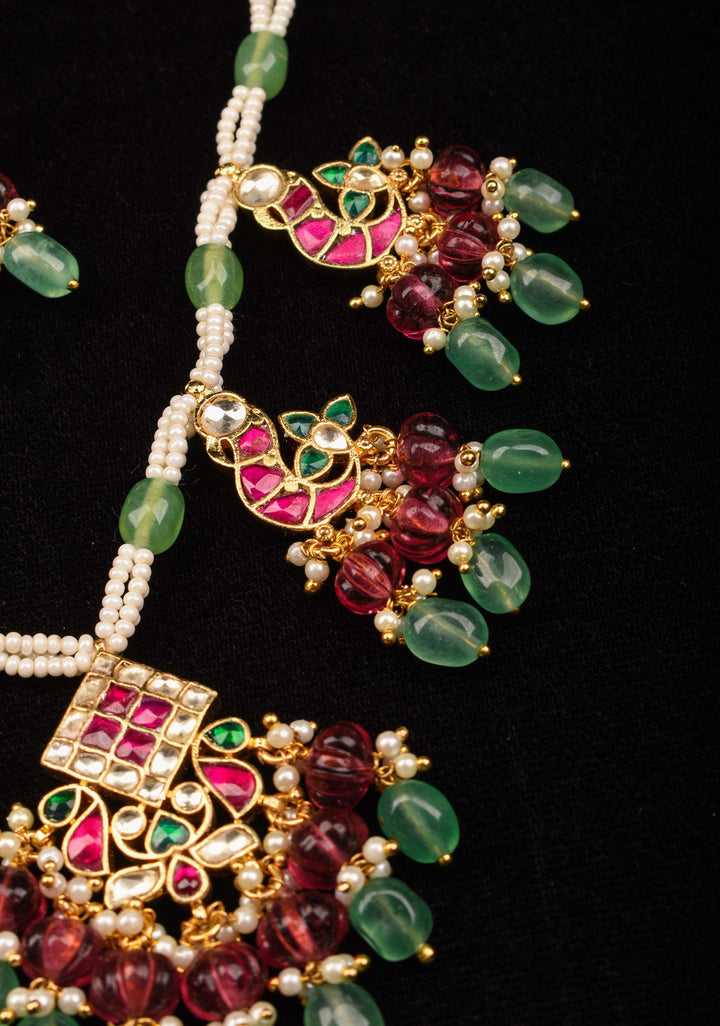 Multistrand beads Red and White stones Jadau Necklale Set with green dangling Beads | Shobitam Jewelry