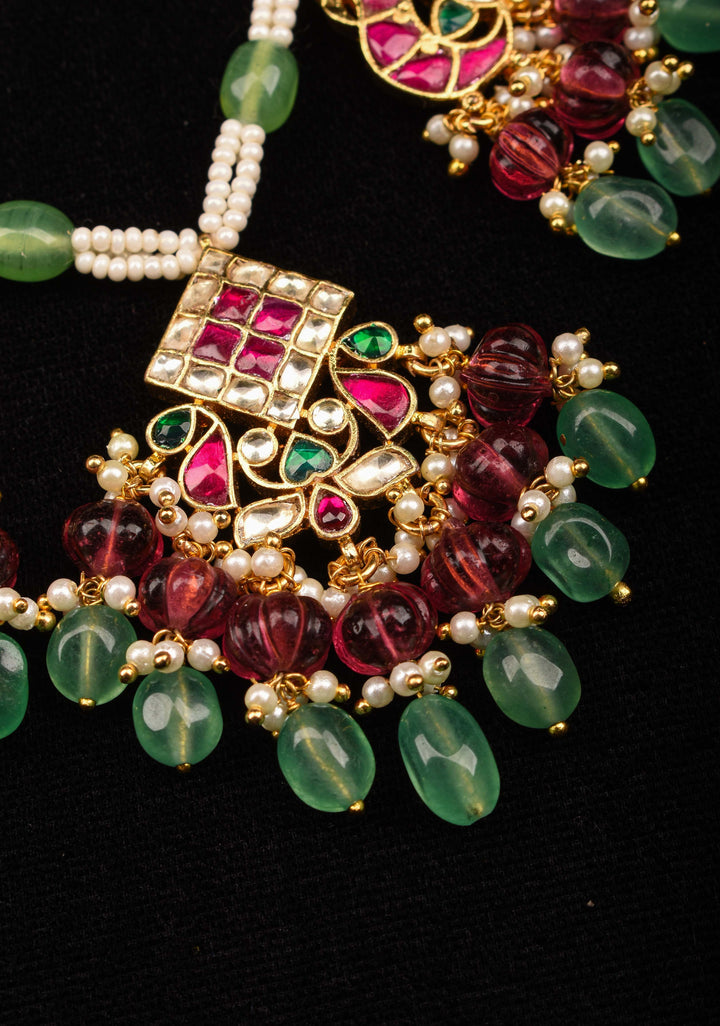 Multistrand beads Red and White stones Jadau Necklale Set with green dangling Beads | Shobitam Jewelry