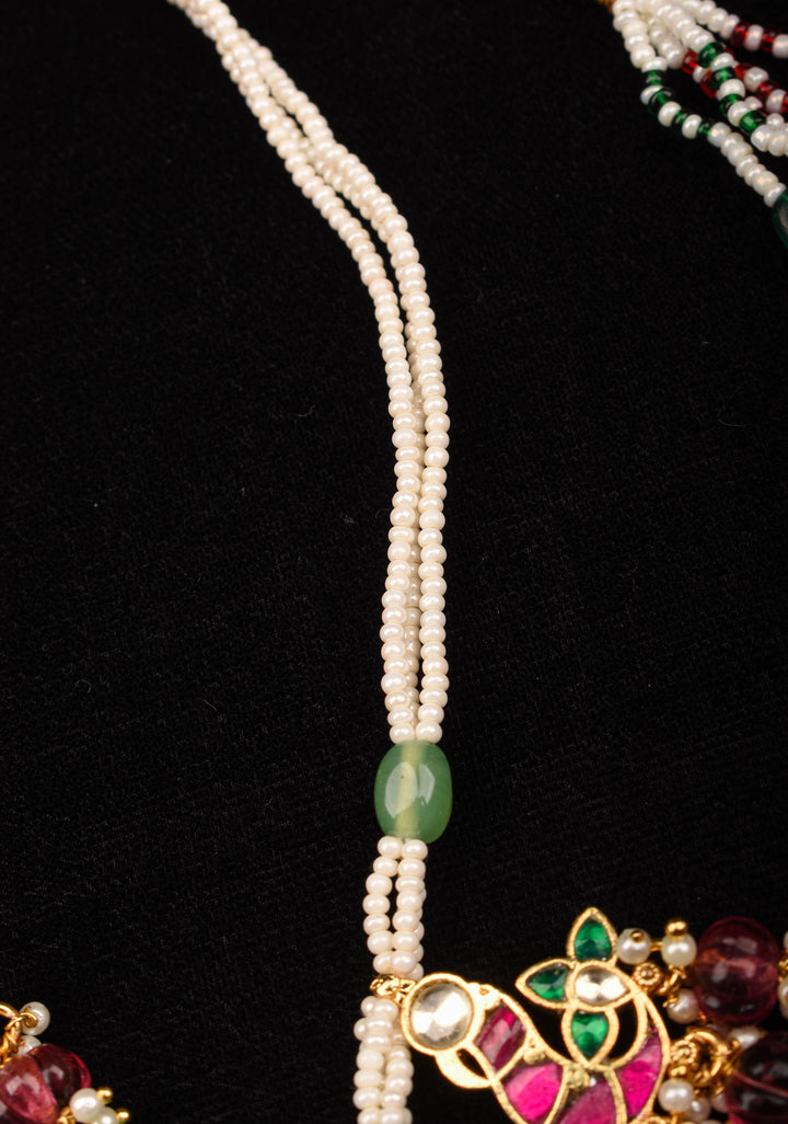 Multistrand beads Red and White stones Jadau Necklale Set with green dangling Beads | Shobitam Jewelry
