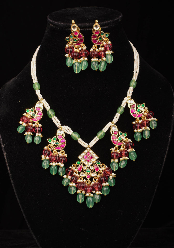 Multistrand beads Red and White stones Jadau Necklale Set with green dangling Beads | Shobitam Jewelry