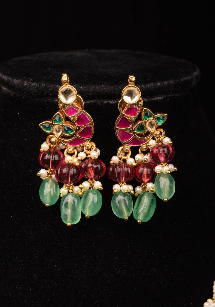 Multistrand beads Red and White stones Jadau Necklale Set with green dangling Beads | Shobitam Jewelry