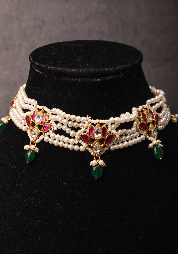 Charming Kemp Lotus on 5 row dainty beads Choker Set | Shobitam Jewelry