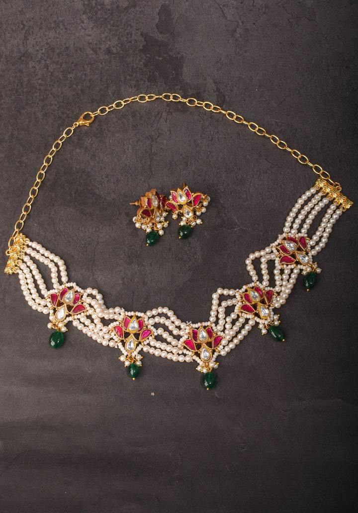Charming Kemp Lotus on 5 row dainty beads Choker Set | Shobitam Jewelry