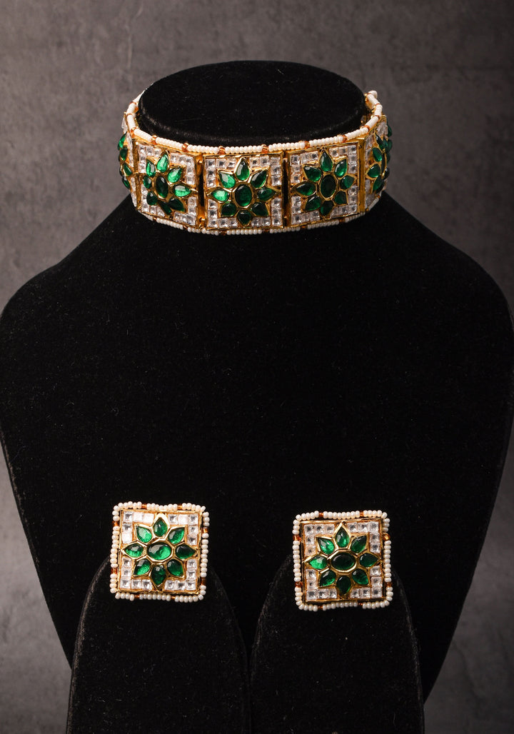 Ahmedabadi Jadau Choker Set in White & Green  Stones | Shobitam Jewelry