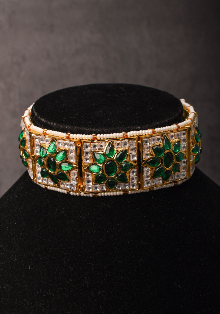 Ahmedabadi Jadau Choker Set in White & Green  Stones | Shobitam Jewelry