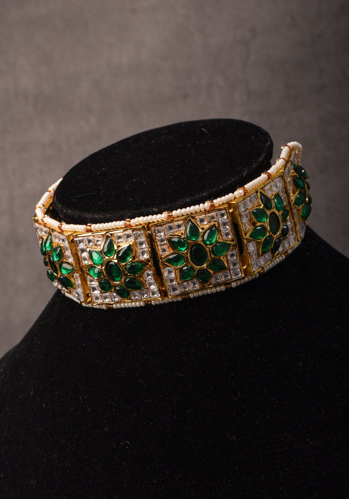 Ahmedabadi Jadau Choker Set in White & Green  Stones | Shobitam Jewelry