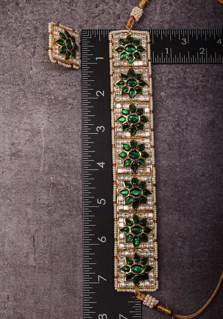 Ahmedabadi Jadau Choker Set in White & Green  Stones | Shobitam Jewelry