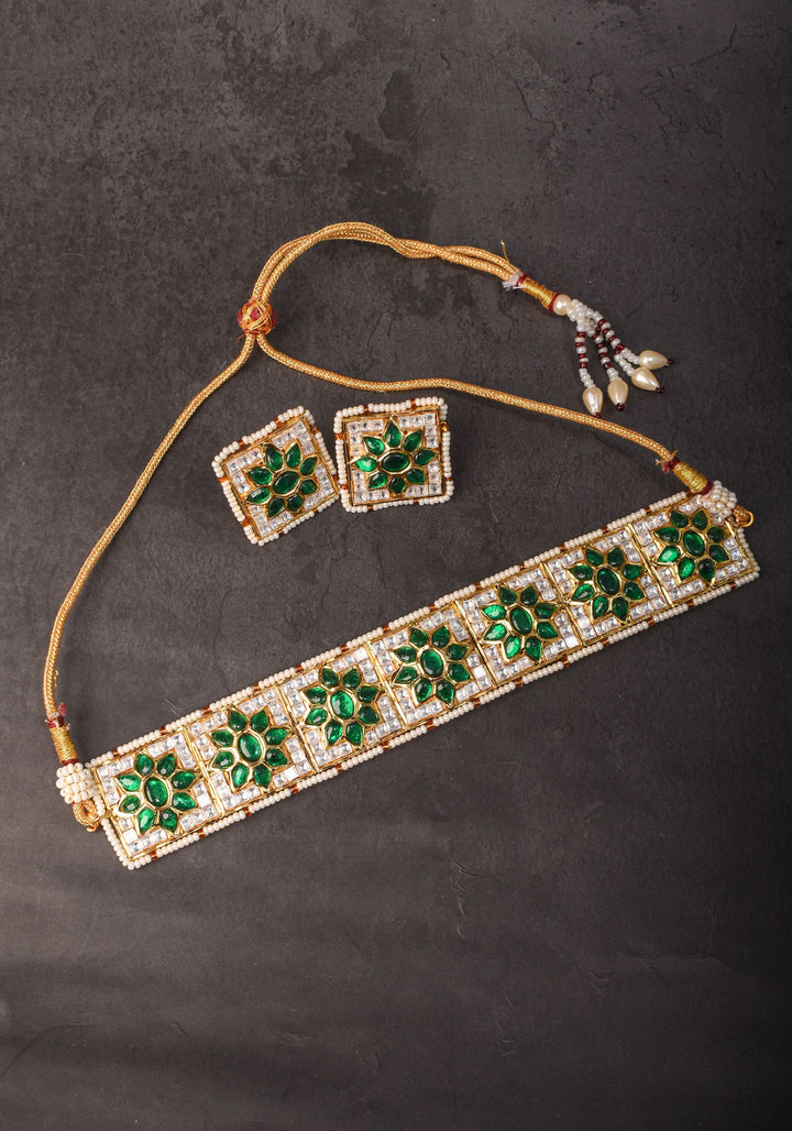 Ahmedabadi Jadau Choker Set in White & Green  Stones | Shobitam Jewelry