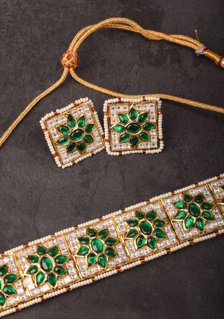 Ahmedabadi Jadau Choker Set in White & Green  Stones | Shobitam Jewelry
