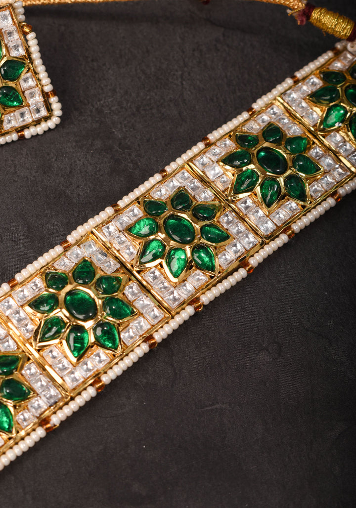 Ahmedabadi Jadau Choker Set in White & Green  Stones | Shobitam Jewelry
