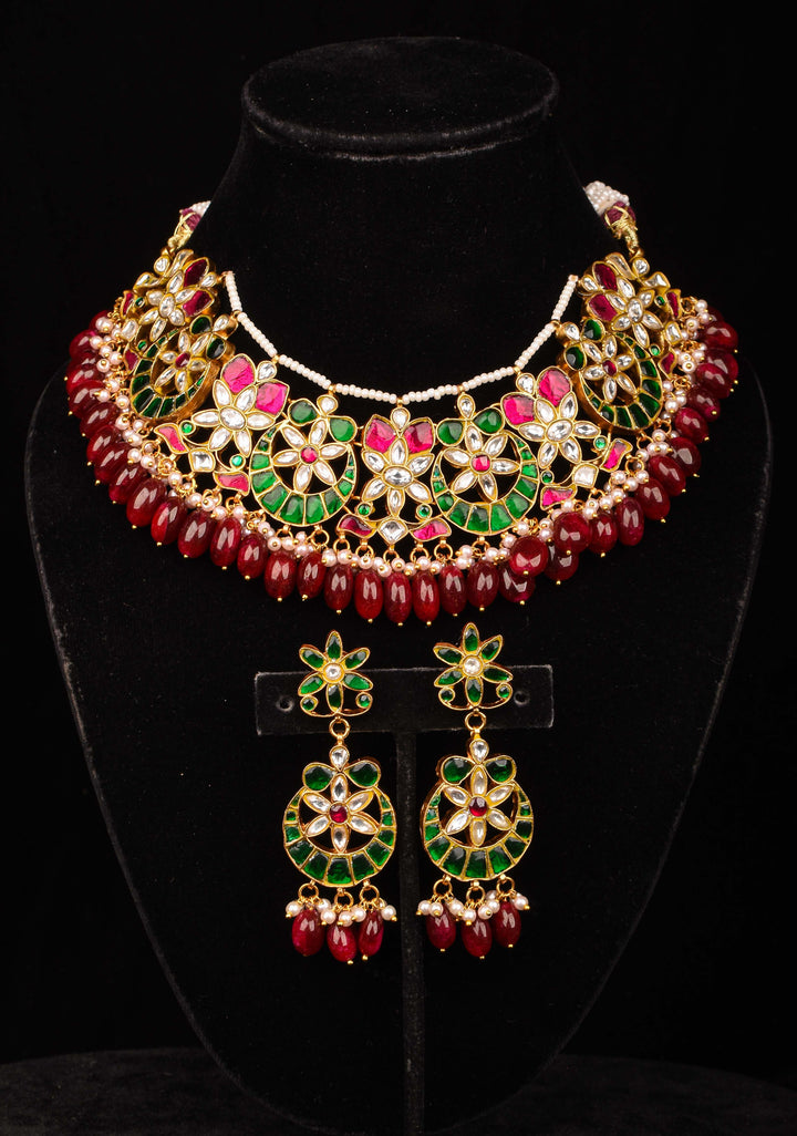 Celestial Ahmedabadi Jadau Necklace and Earrings Set with maroon dangling stones.