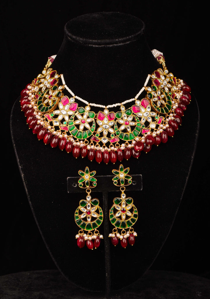 Celestial Ahmedabadi Jadau Necklace and Earrings Set with maroon dangling stones.