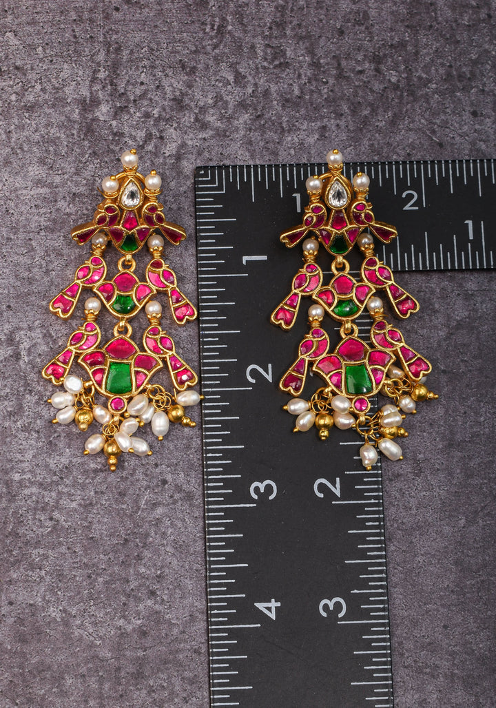2.75" Layered Pink & Green Stone Peacock Earrings with Dangling White Beads | Shobitam Jewelry