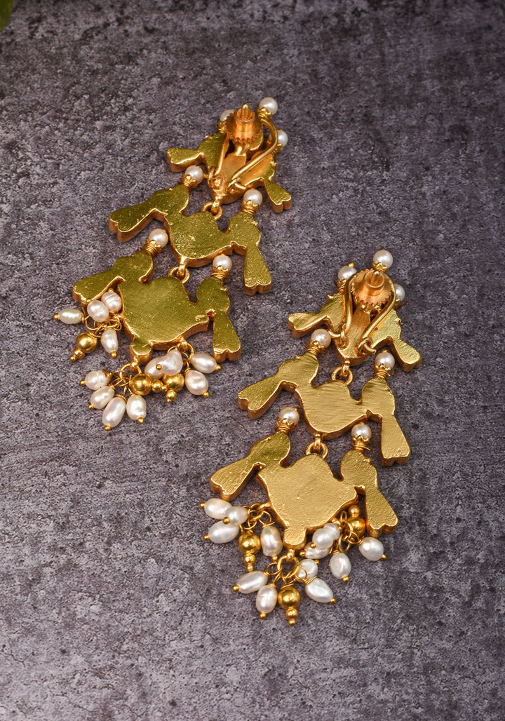 2.75" Layered Pink & Green Stone Peacock Earrings with Dangling White Beads | Shobitam Jewelry